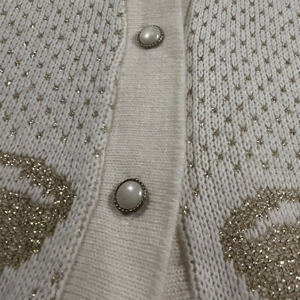 Vintage Cream Metallic Long‎ Sleeve Cardigan Sweater Gold Bow Holiday Pearl - Picture 11 of 15